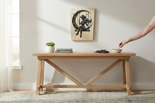 TK Wood Designs rustic wood sign with a silhouette of a cowgirl on a swing against a crescent moon and stars.