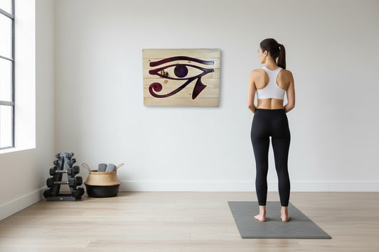 TK Wood Designs wooden evil eye sign with deep purple and blue hues on natural wood.