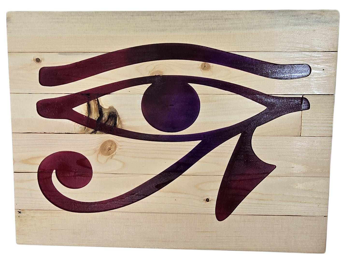 TK Wood Designs natural wood wall art featuring a deep purple Eye of Horus symbol. Rustic, protective, and royal.