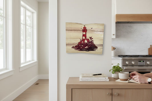 TK Wood Designs red lighthouse carved into light wood, with distressed details and a coastal scene.