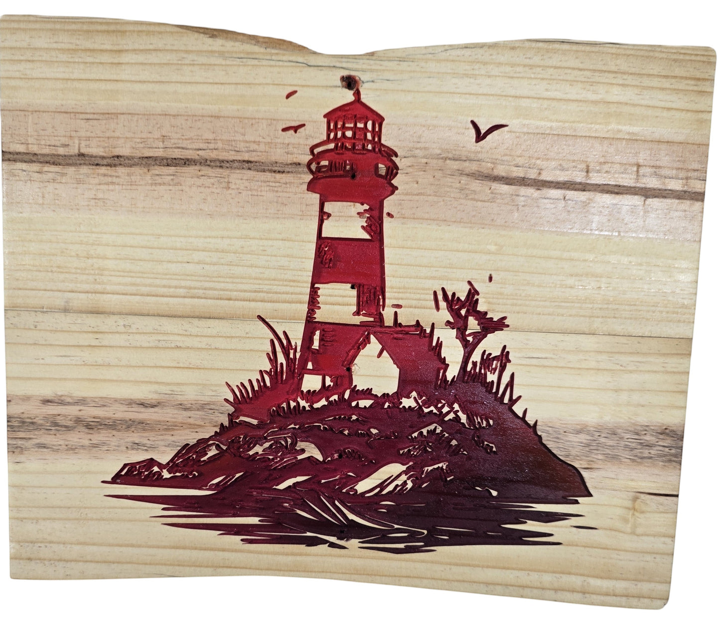 TK Wood Designs red lighthouse wood wall art with seagulls on a rocky outcrop, natural wood grain.