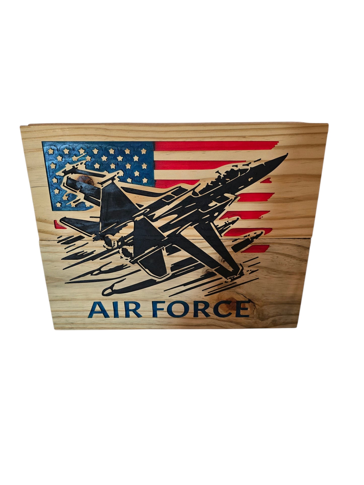 TK Wood Designs natural wood wall art featuring an F-16 jet against the American flag and
