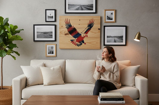 TK Wood Designs Flying Eagle salvaged wood sign, red, white, and blue painted eagle in flight on natural wood.