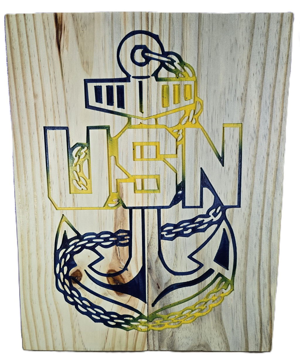 Navy #2 wooden plaque featuring a blue and yellow USN anchor design with chain details on a natural wood background.