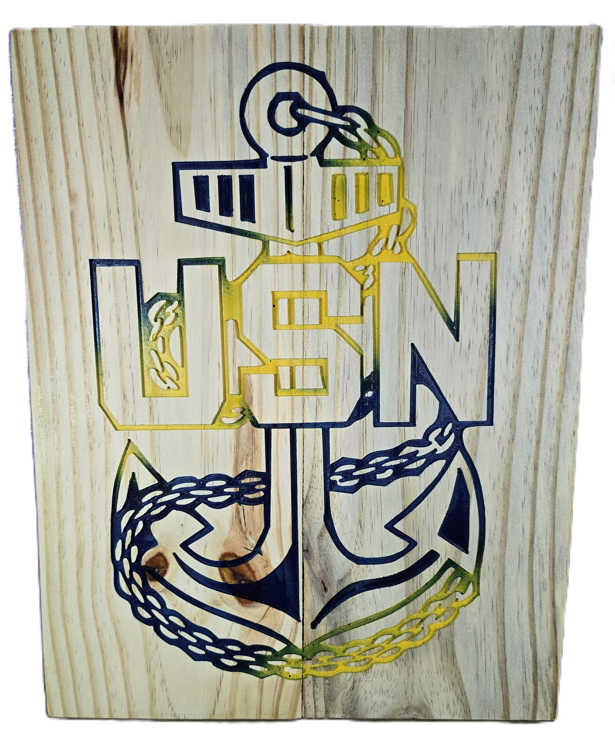 Navy #2 wooden plaque featuring a blue and yellow USN anchor design with chain details on a natural wood background.