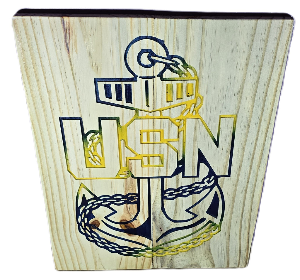 Navy #2 wooden plaque featuring a gold and black USN anchor design with chain details.