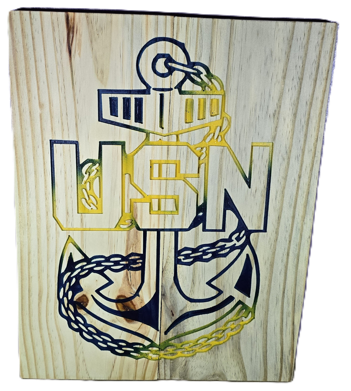Navy #2 wooden plaque featuring a USN anchor design with yellow and blue accents on a natural wood background.