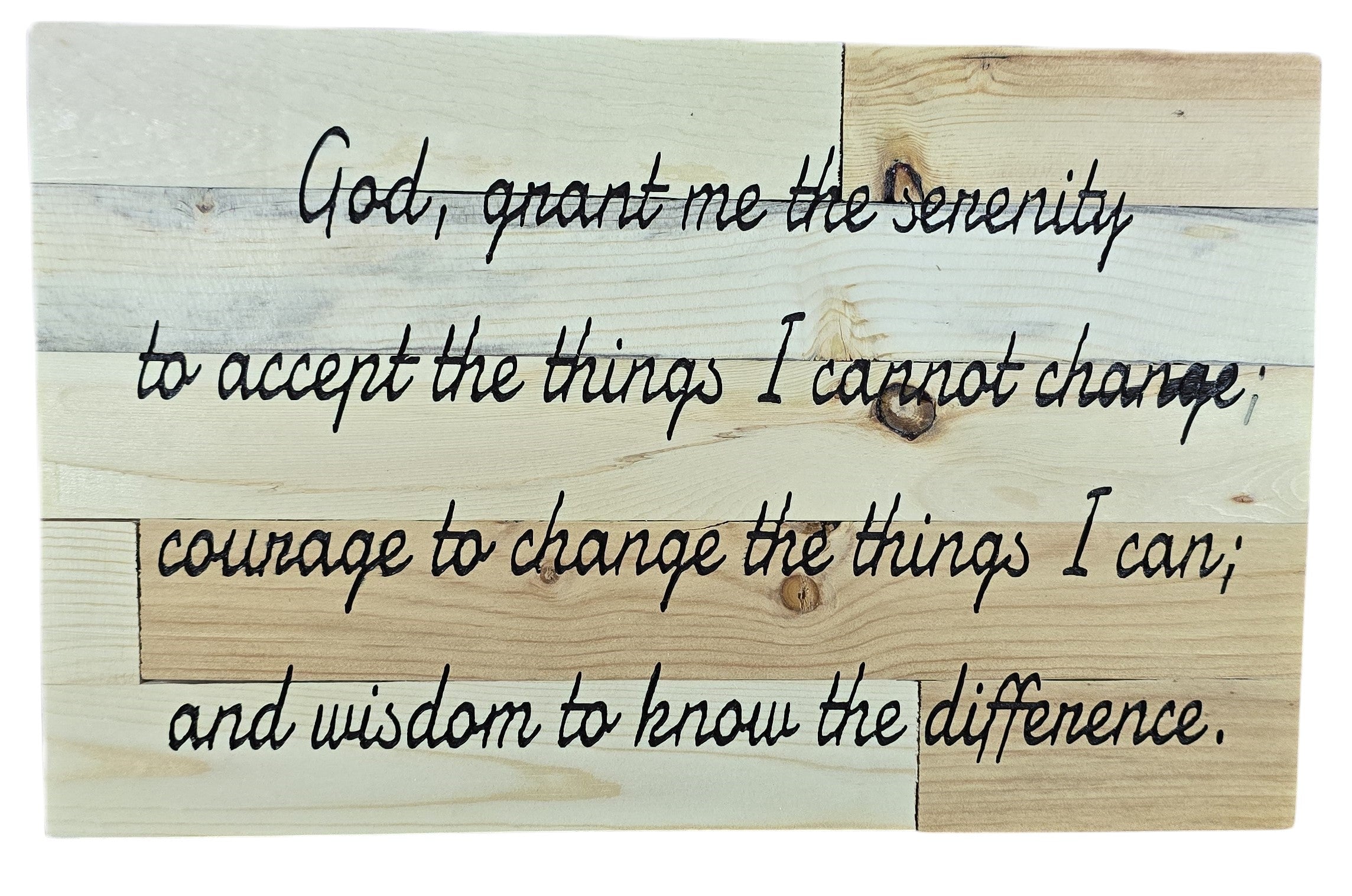 Wooden plaque featuring the Serenity Prayer in black cursive text on a light-colored wood background.