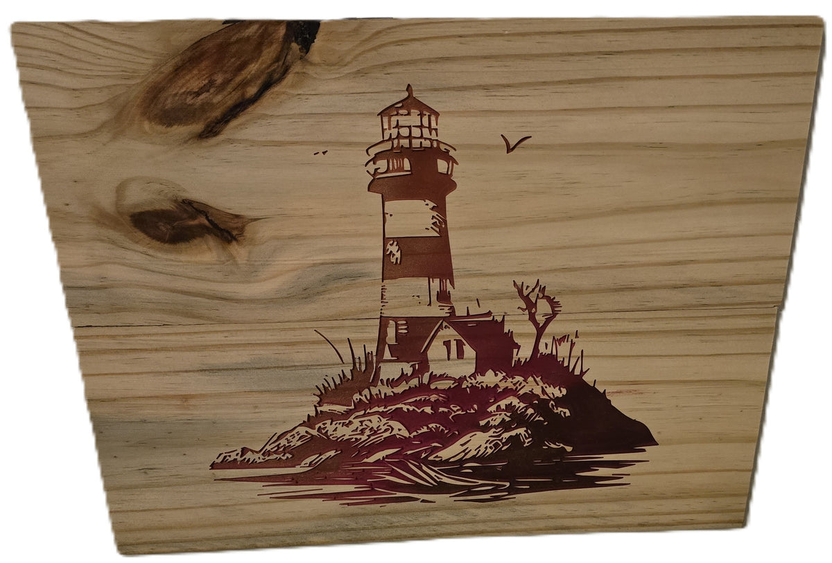 Lighthouse illustration on wood, featuring a tall lighthouse on a rocky island with birds flying above.
