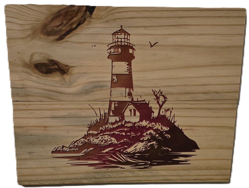 Lighthouse design carved into wood, featuring a striped tower on a rocky island with trees and birds.