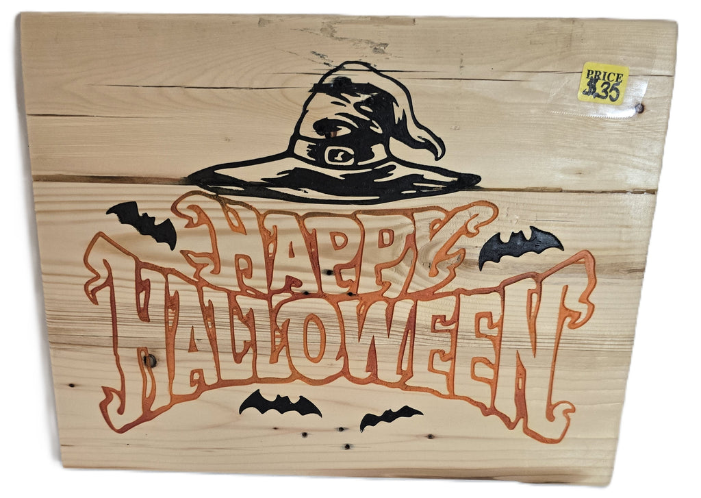 Wooden sign featuring "Happy Halloween" in orange with a witch hat and bats, priced at $33.