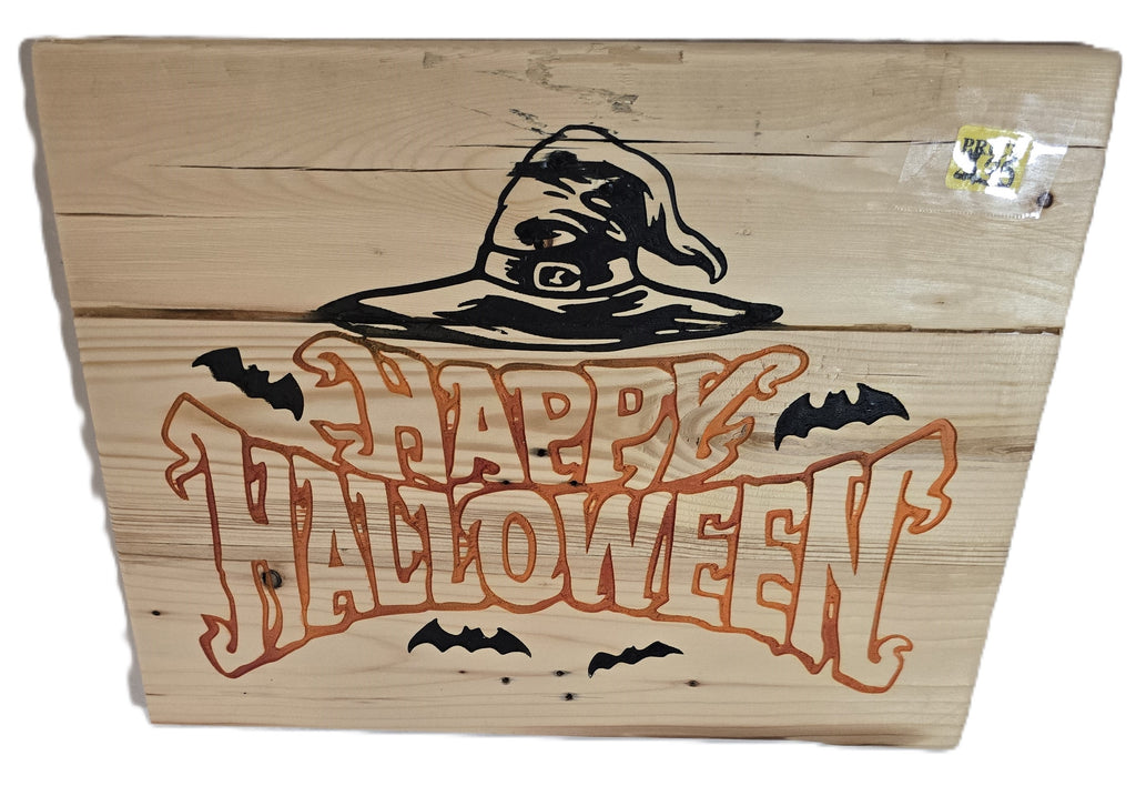 Wooden sign featuring "Happy Halloween" in orange lettering with a witch's hat and black bats.