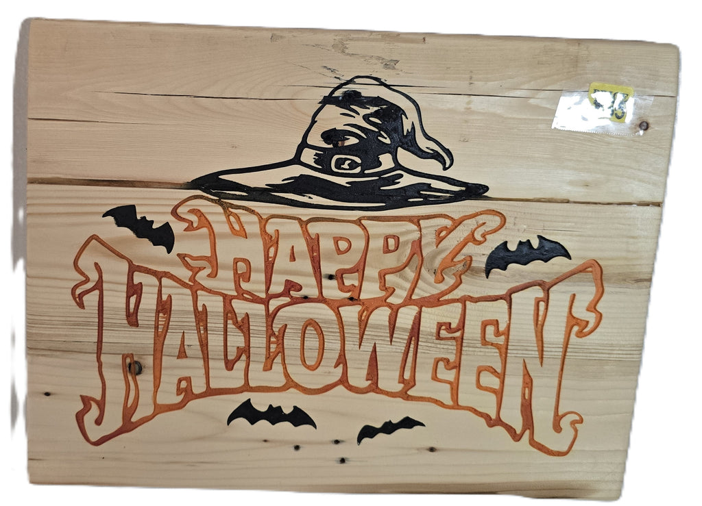 Wooden sign featuring "Happy Halloween" in orange and black, with a witch hat and bats design.