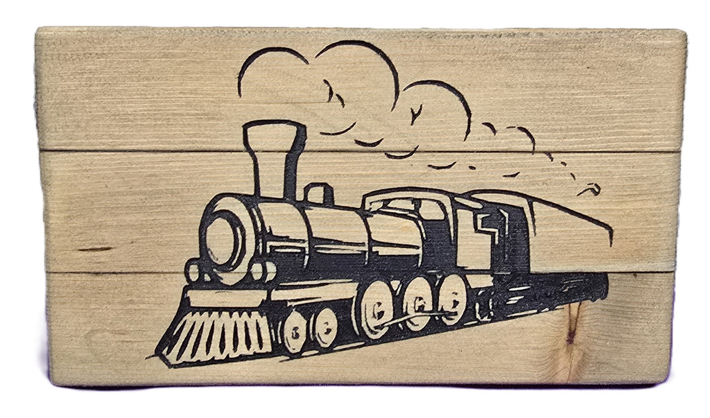 Wooden block featuring a black and white illustration of a vintage steam train with smoke clouds.