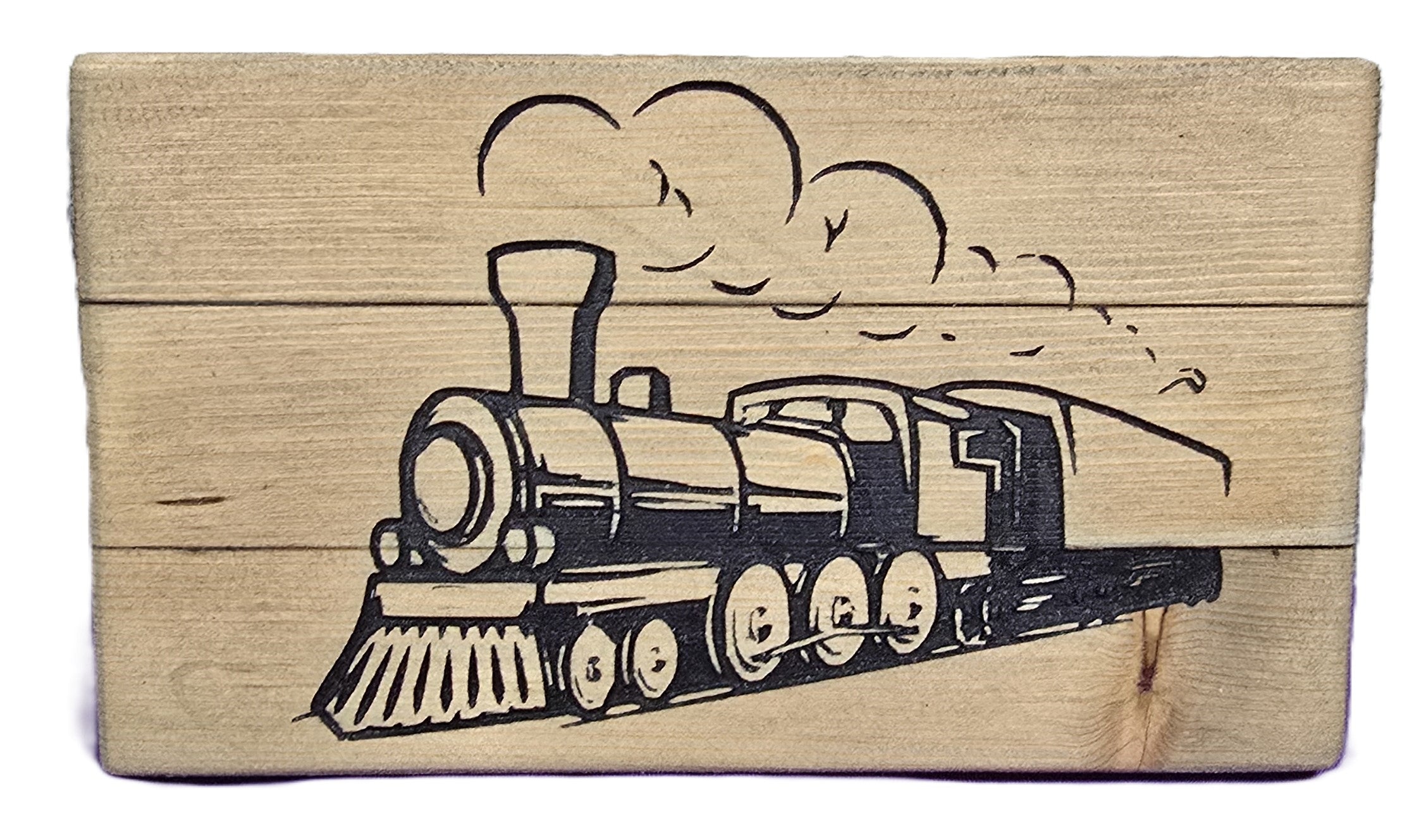 Wooden block featuring a black and white illustration of a vintage steam train with smoke clouds.