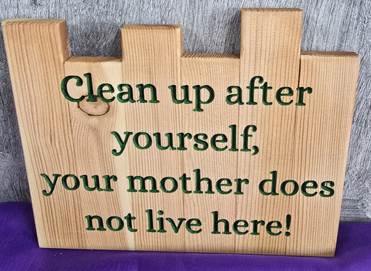 Wooden sign with green text reading "Clean up after yourself, your mother does not live here!" on a textured background.