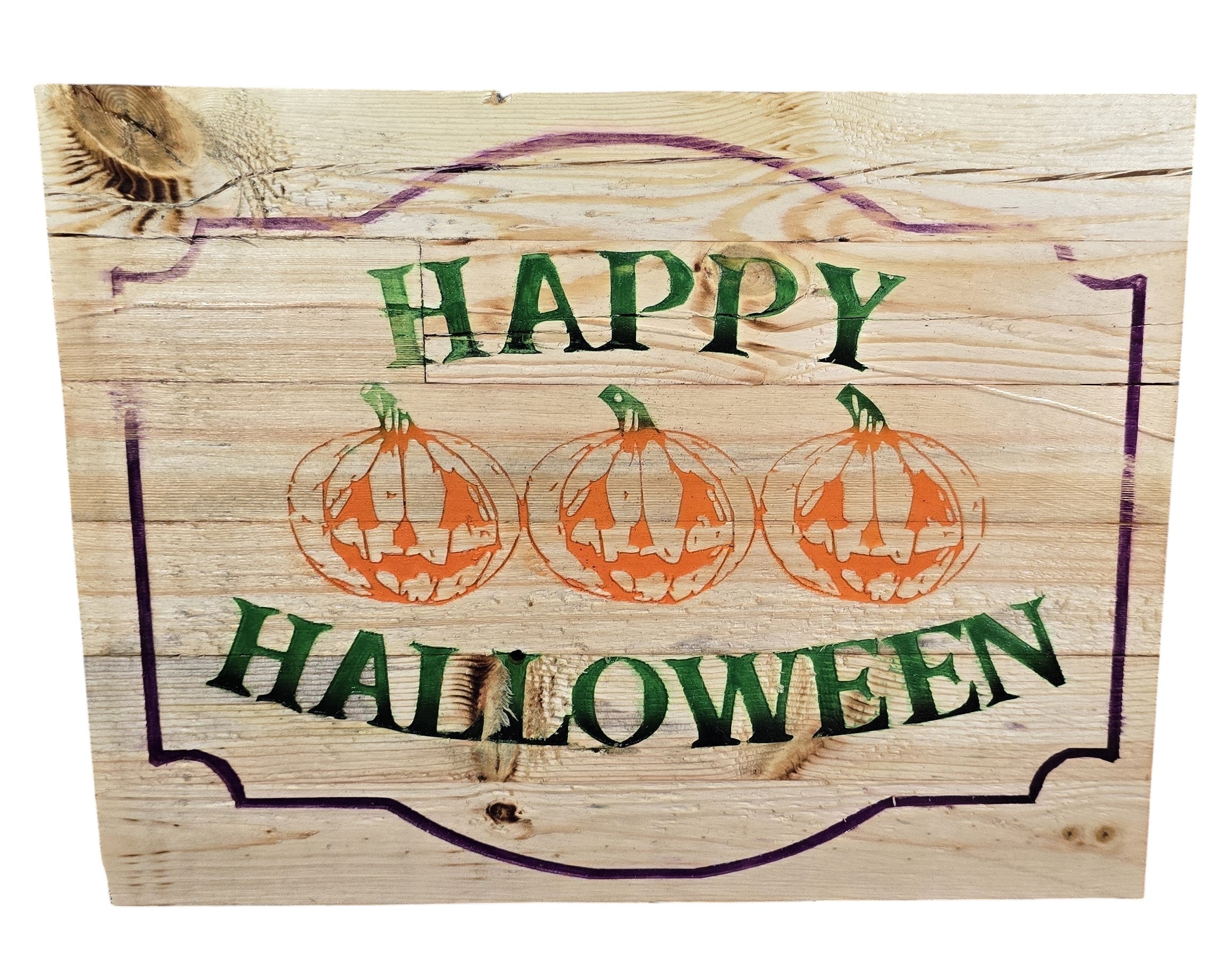 Wooden sign featuring "Happy Halloween" text with three orange pumpkins and green lettering on a rustic background.