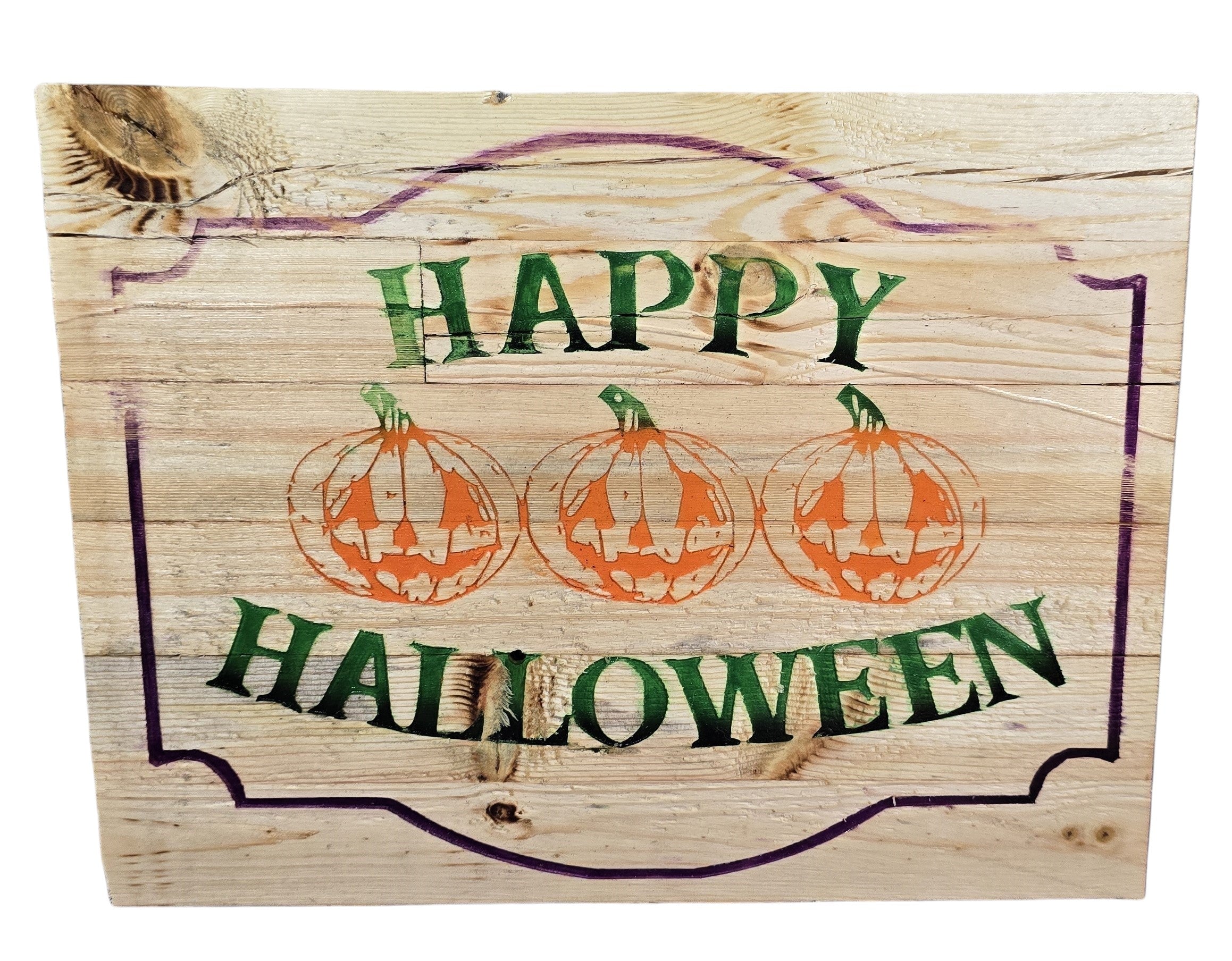 Wooden sign featuring three orange pumpkins and the text "Happy Halloween" in green.