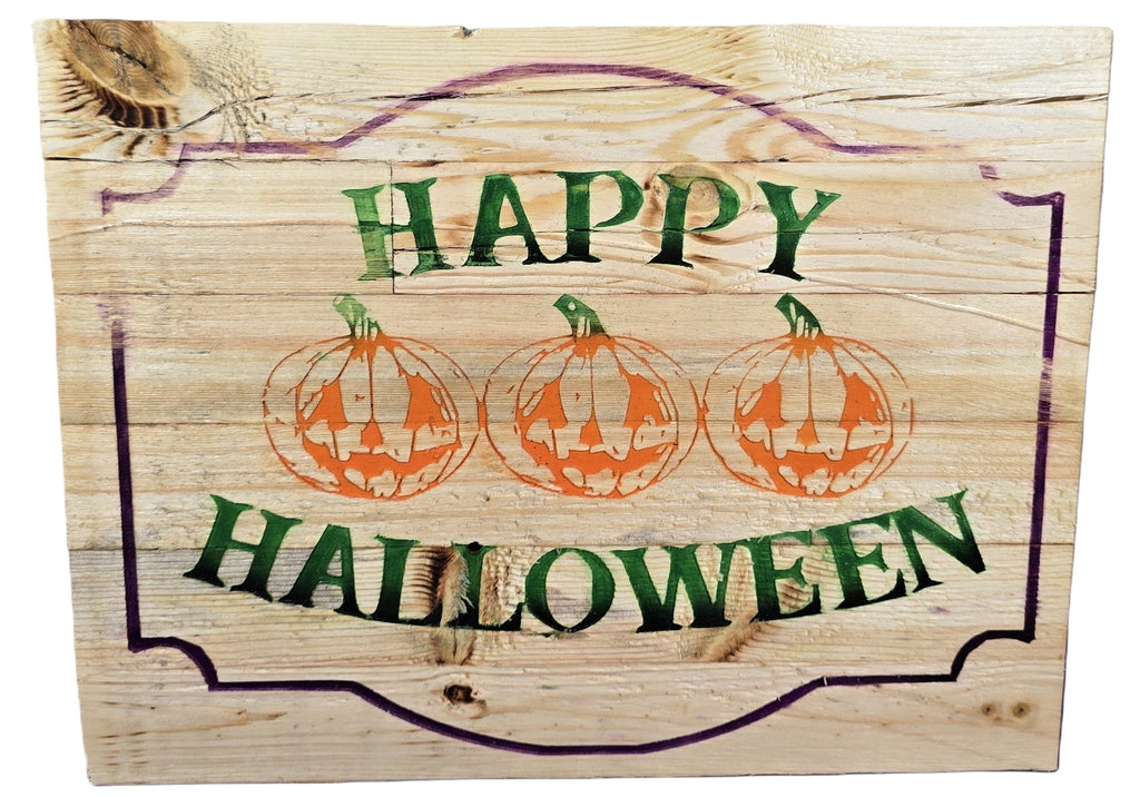 Wooden sign featuring the text "Happy Halloween" and three orange pumpkins with green accents.