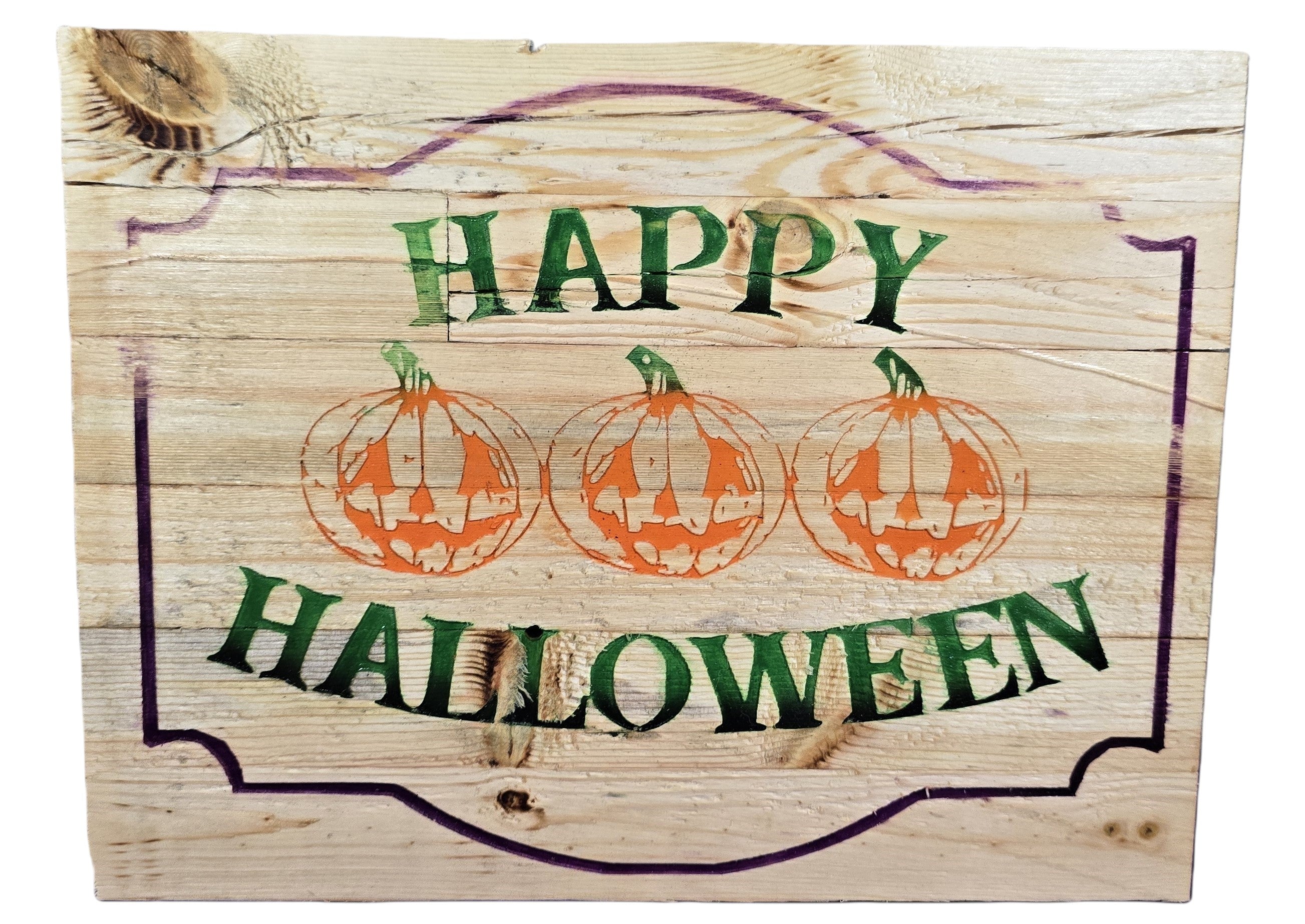 Wooden sign featuring three orange pumpkins and the text "Happy Halloween" in green and purple.