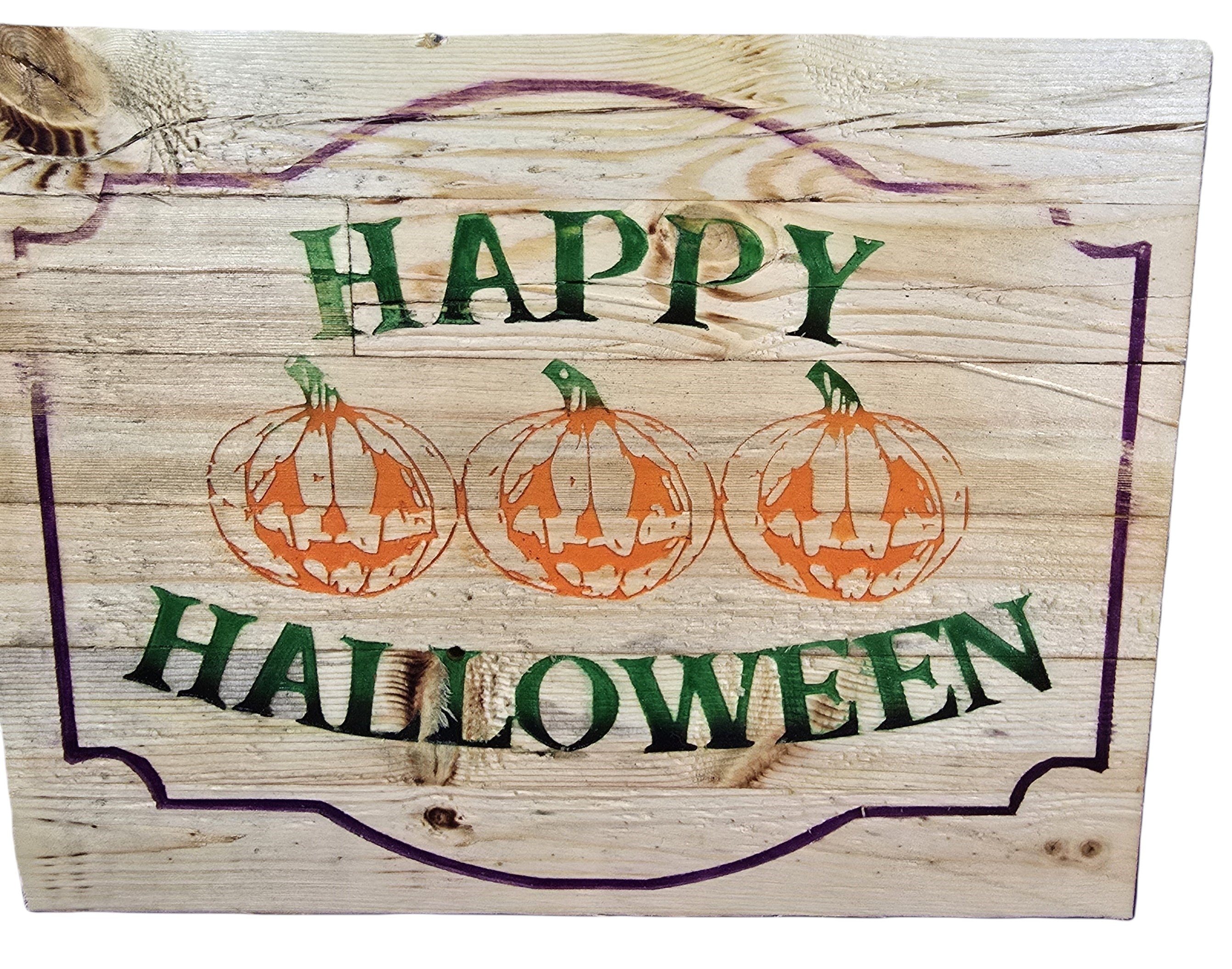 Wooden sign featuring three carved pumpkins with "Happy Halloween" text in green and orange.
