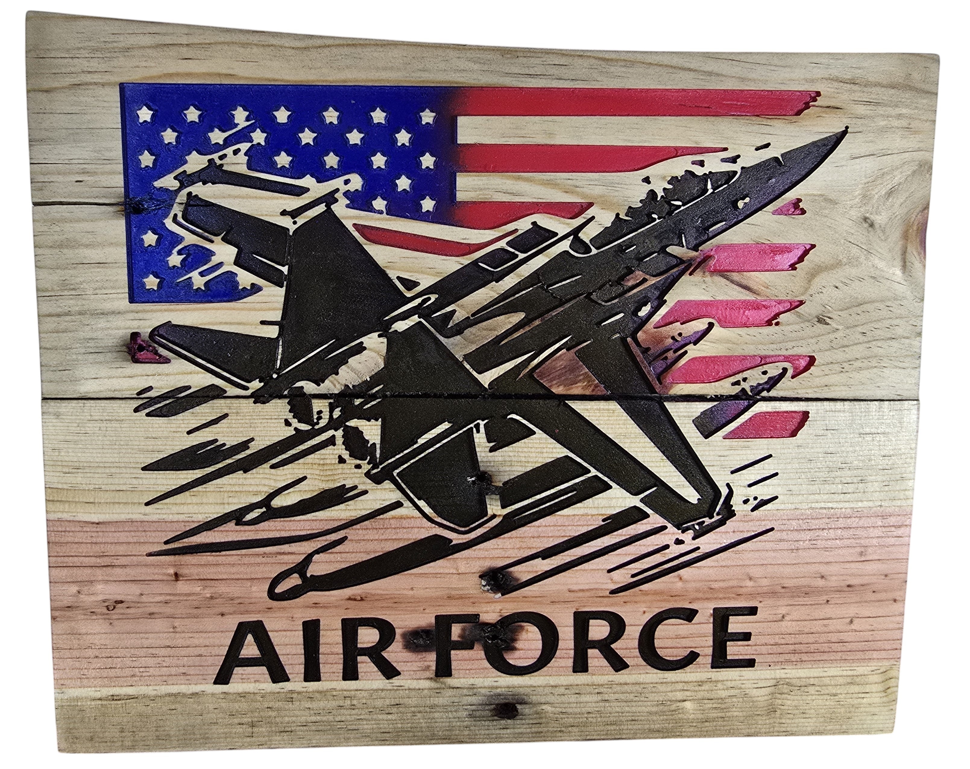 TK Wood Designs wooden sign featuring a black silhouette of an Air Force jet flying over a distressed American flag.