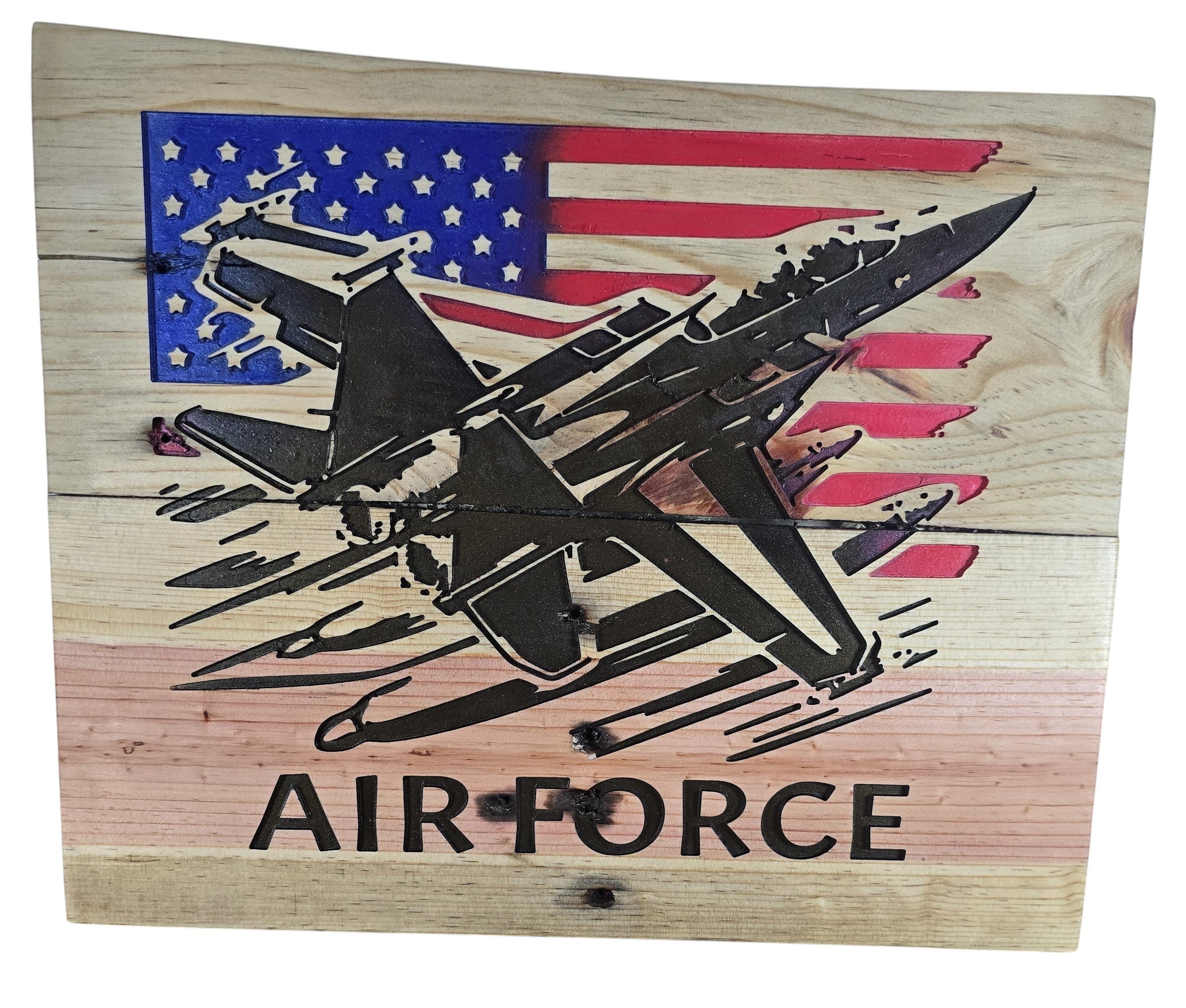 TK Wood Designs wooden sign with an American flag and fighter jet graphic. Features the text "AIR FORCE".