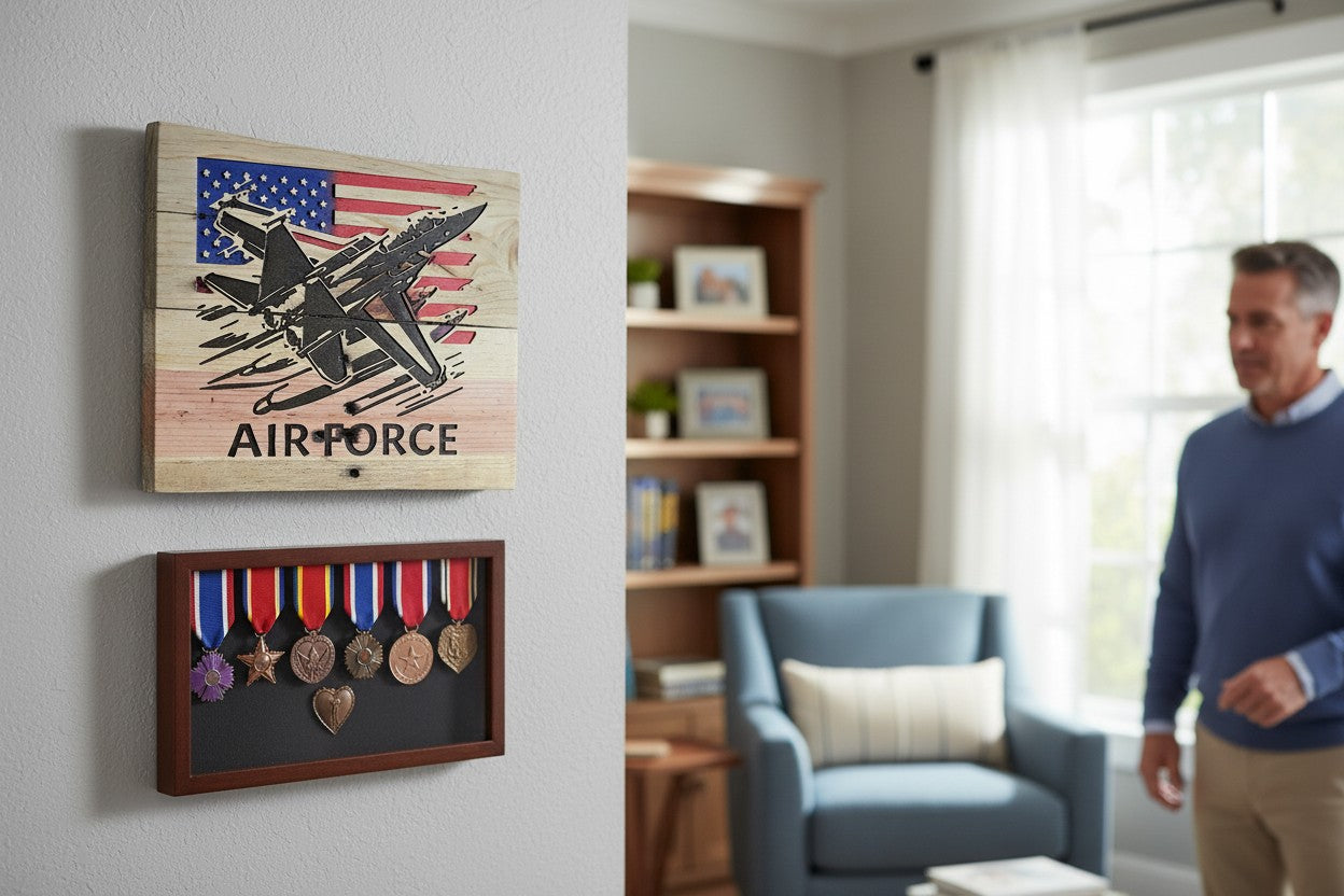 TK Wood Designs wooden sign with US flag and fighter jet graphic, "AIR FORCE" text.