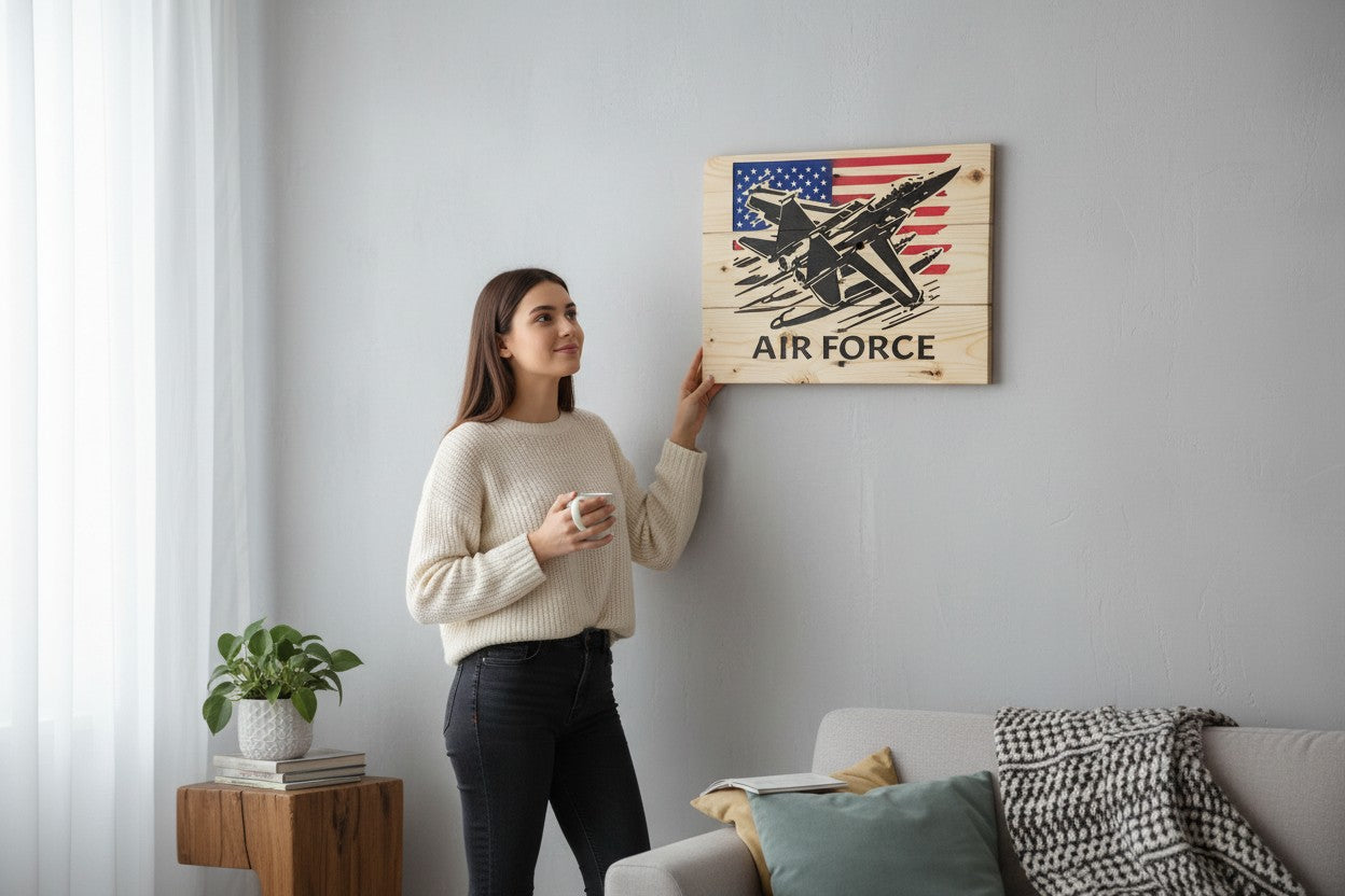 TK Wood Designs wooden sign featuring a black silhouette of an F-15 fighter jet flying over a distressed American flag. "AIR FORCE" is carved below.
