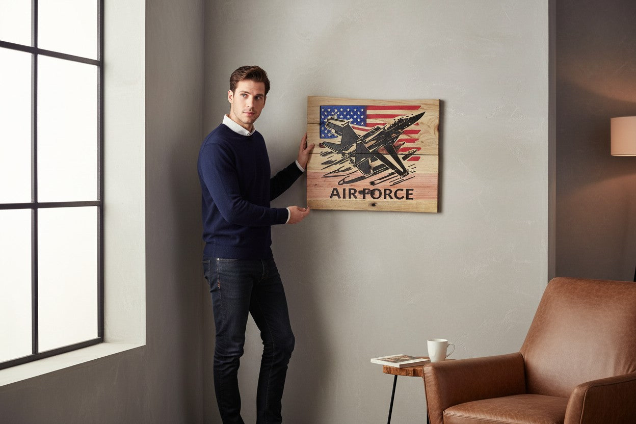 TK Wood Designs wooden sign featuring a black silhouette of an F-18 fighter jet flying over a distressed American flag and the words AIR FORCE.