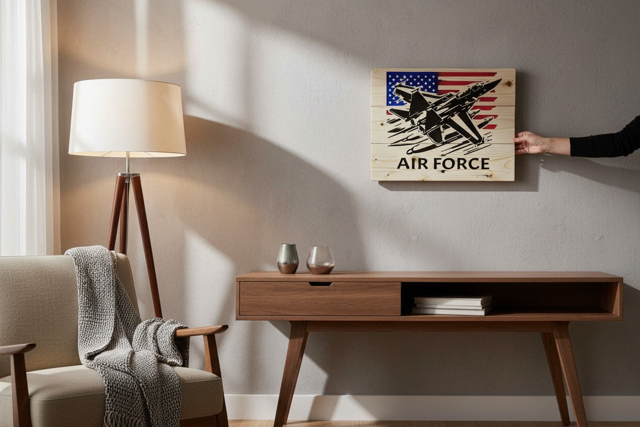 TK Wood Designs wooden sign with a black silhouette of an F-15 fighter jet flying over a distressed American flag and the words "AIR FORCE".