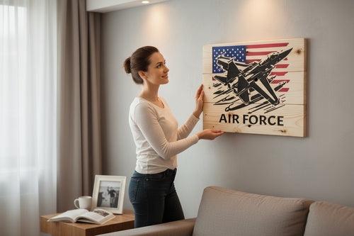 TK Wood Designs wooden sign with an Air Force jet flying over an American flag. Measures 11.5" H x 14.25" W.