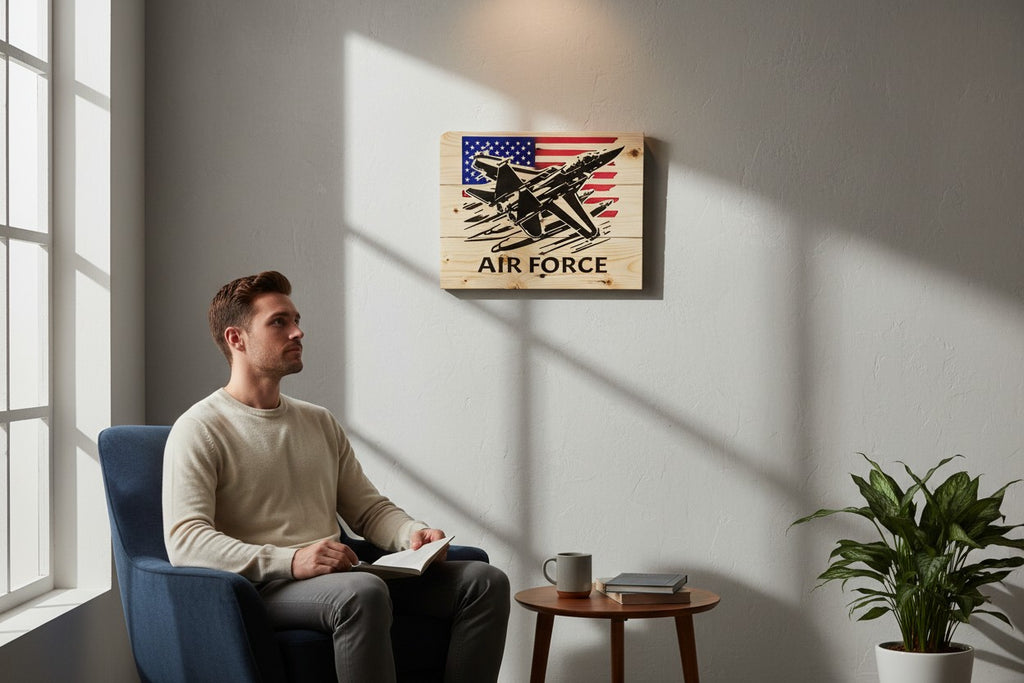 TK Wood Designs wooden sign with a black silhouette of an F-15 fighter jet flying over a distressed American flag and the words AIR FORCE.