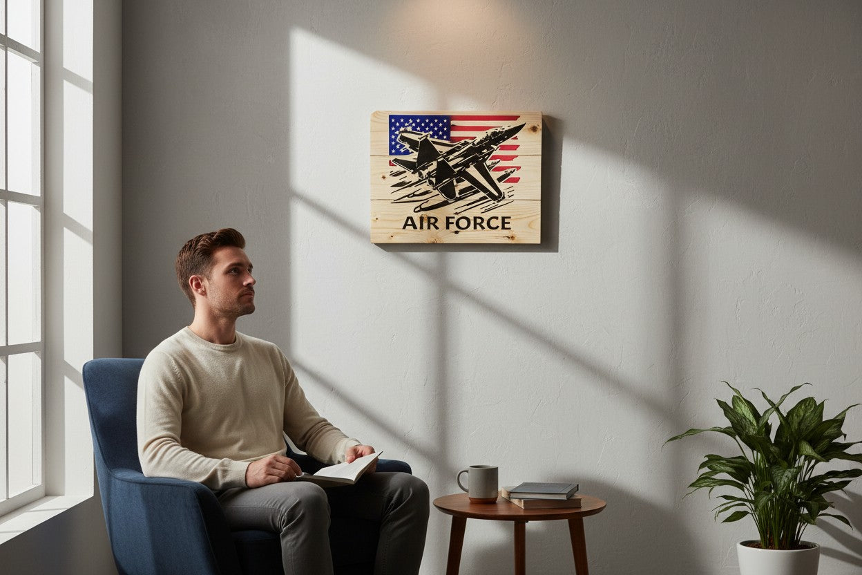 TK Wood Designs wooden sign with a black silhouette of an F-15 fighter jet flying over a distressed American flag and the words AIR FORCE.