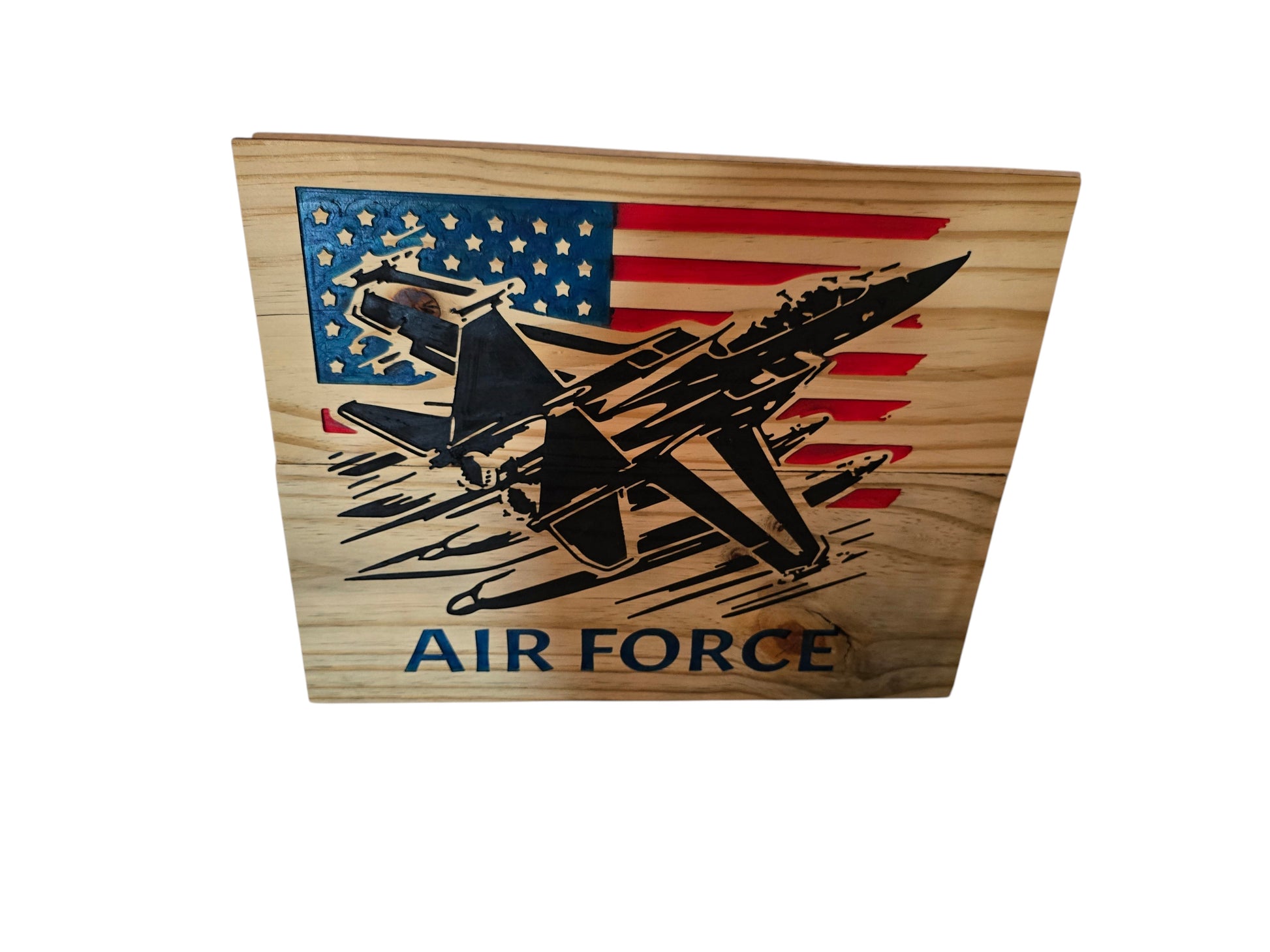 TK Wood Designs natural wood wall art featuring a black F-16 jet flying over the American flag with AIR FORCE text.