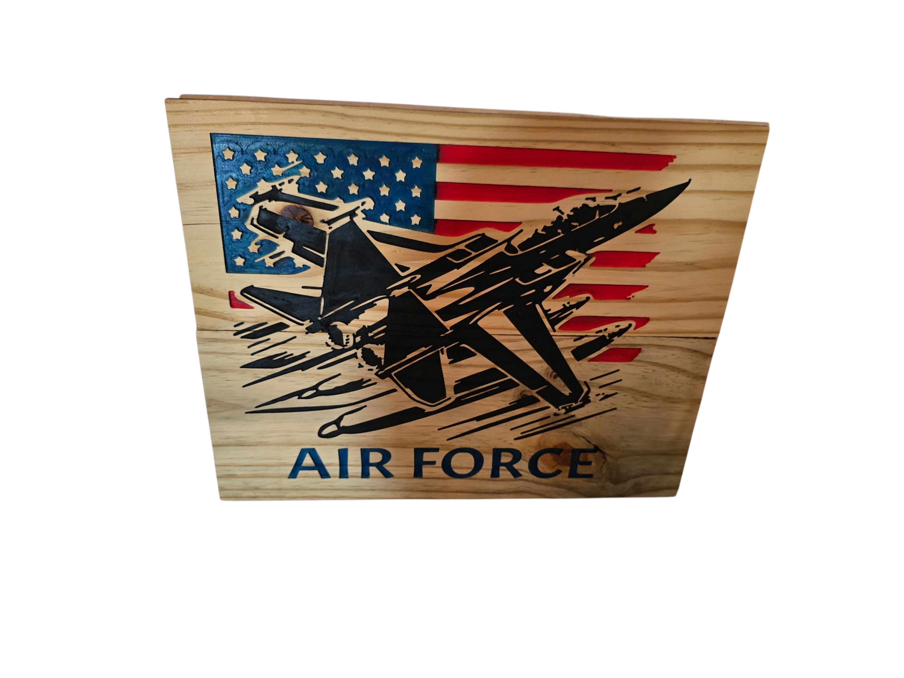 TK Wood Designs natural wood wall art featuring a black F-16 jet flying over the American flag with AIR FORCE text.