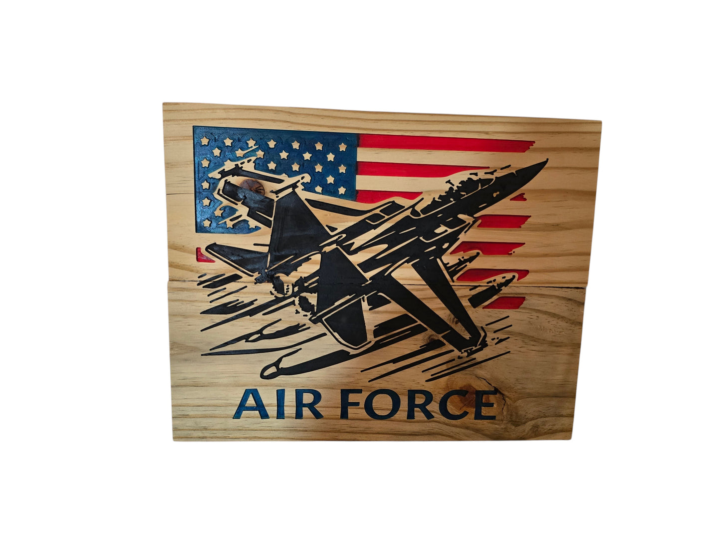 TK Wood Designs natural wood wall art featuring a black F-16 jet against an American flag and "AIR FORCE" text.