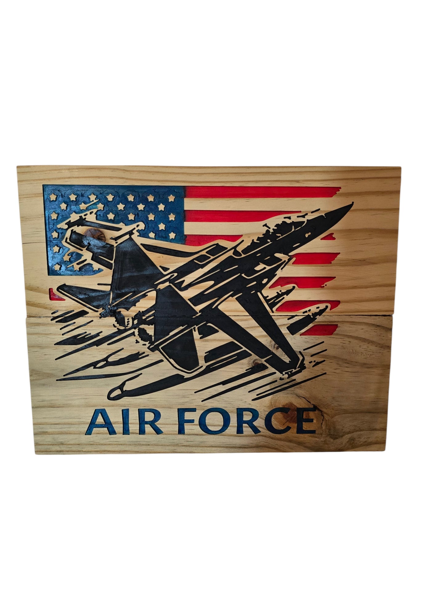 TK Wood Designs natural wood wall art featuring an F-16 jet and American flag with AIR FORCE lettering.