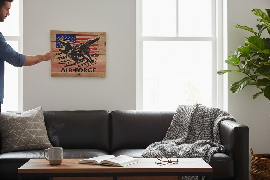 TK Wood Designs Air Force jet with distressed American flag on wood sign. 11 3/4" H x 14 1/4" W.