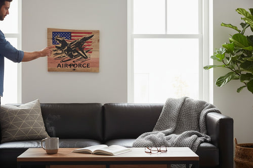 TK Wood Designs Air Force jet with distressed American flag on wood sign. 11 3/4" H x 14 1/4" W.
