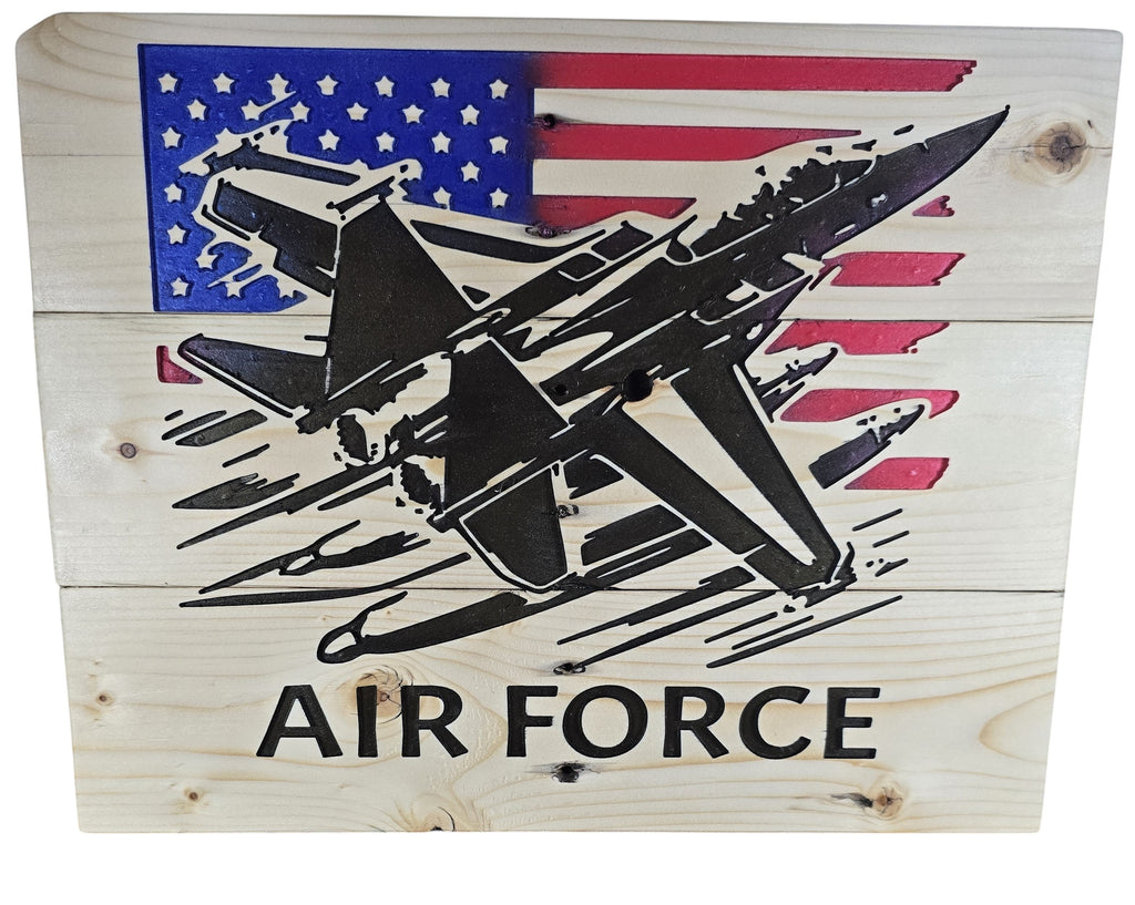 TK Wood Designs American Air Force jet wood wall art with US flag background. Natural wood.