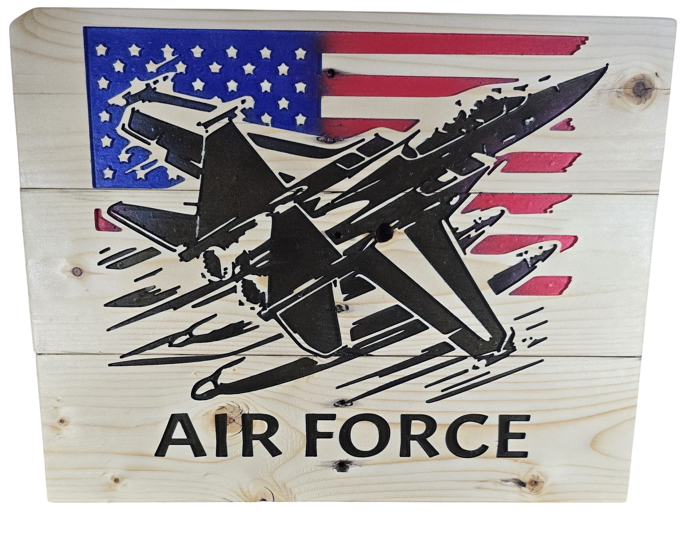 TK Wood Designs American Air Force jet wood wall art with US flag background. Natural wood.