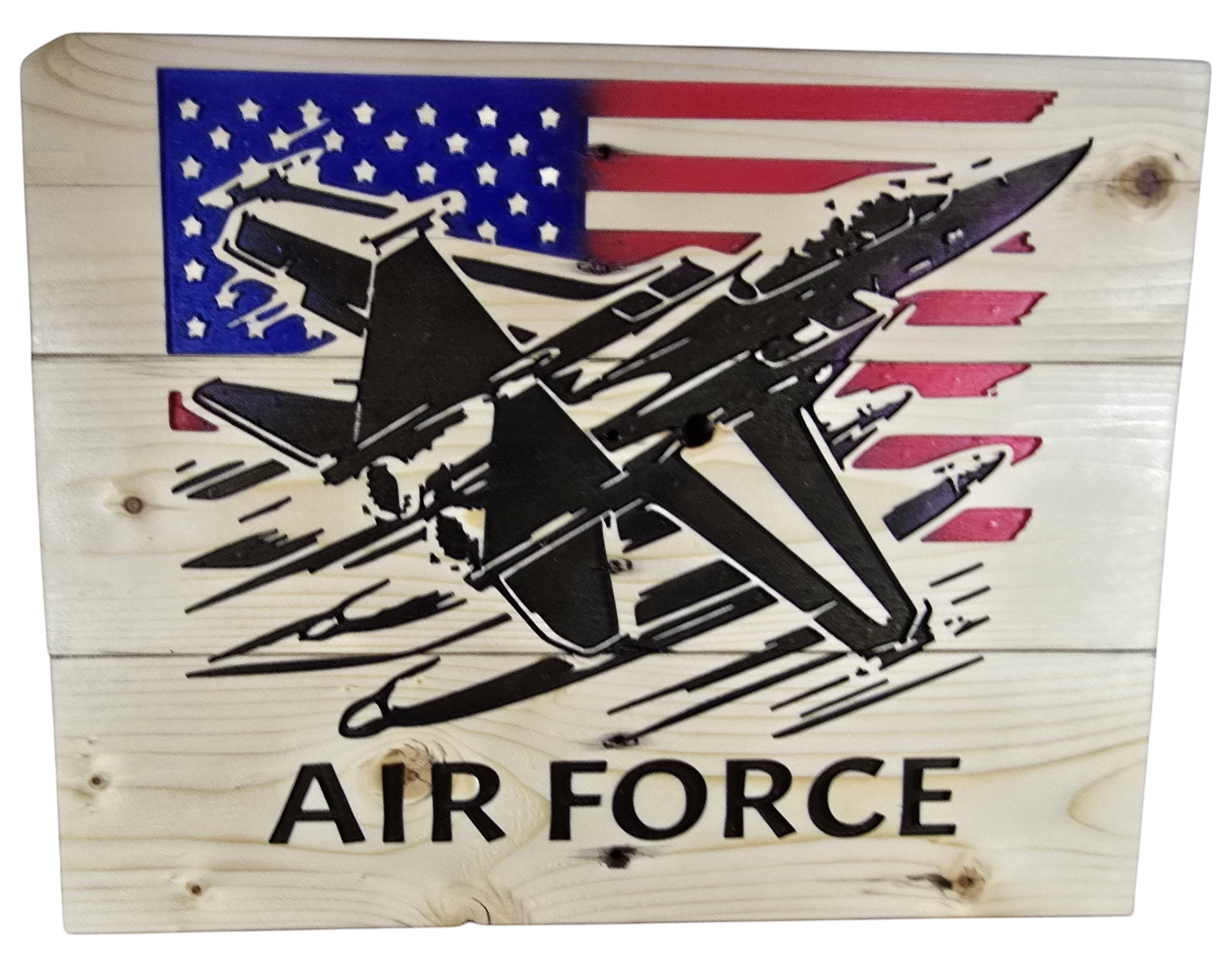 TK Wood Designs American Air Force jet wood wall art with US flag background. Natural wood.