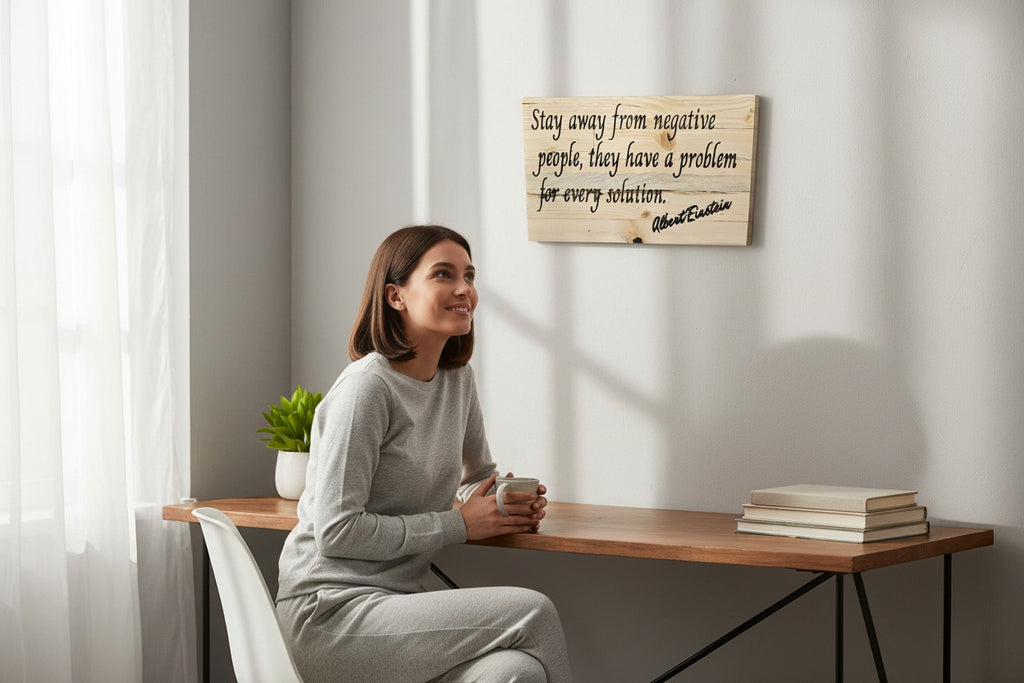 TK Wood Designs natural wood wall art with Albert Einstein quote: "Stay away from negative people, they have a problem for every solution."