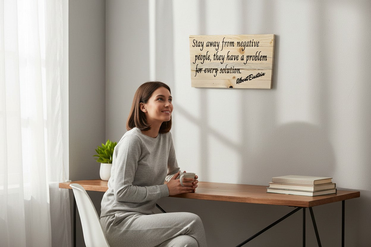 TK Wood Designs natural wood wall art with Albert Einstein quote: "Stay away from negative people, they have a problem for every solution."