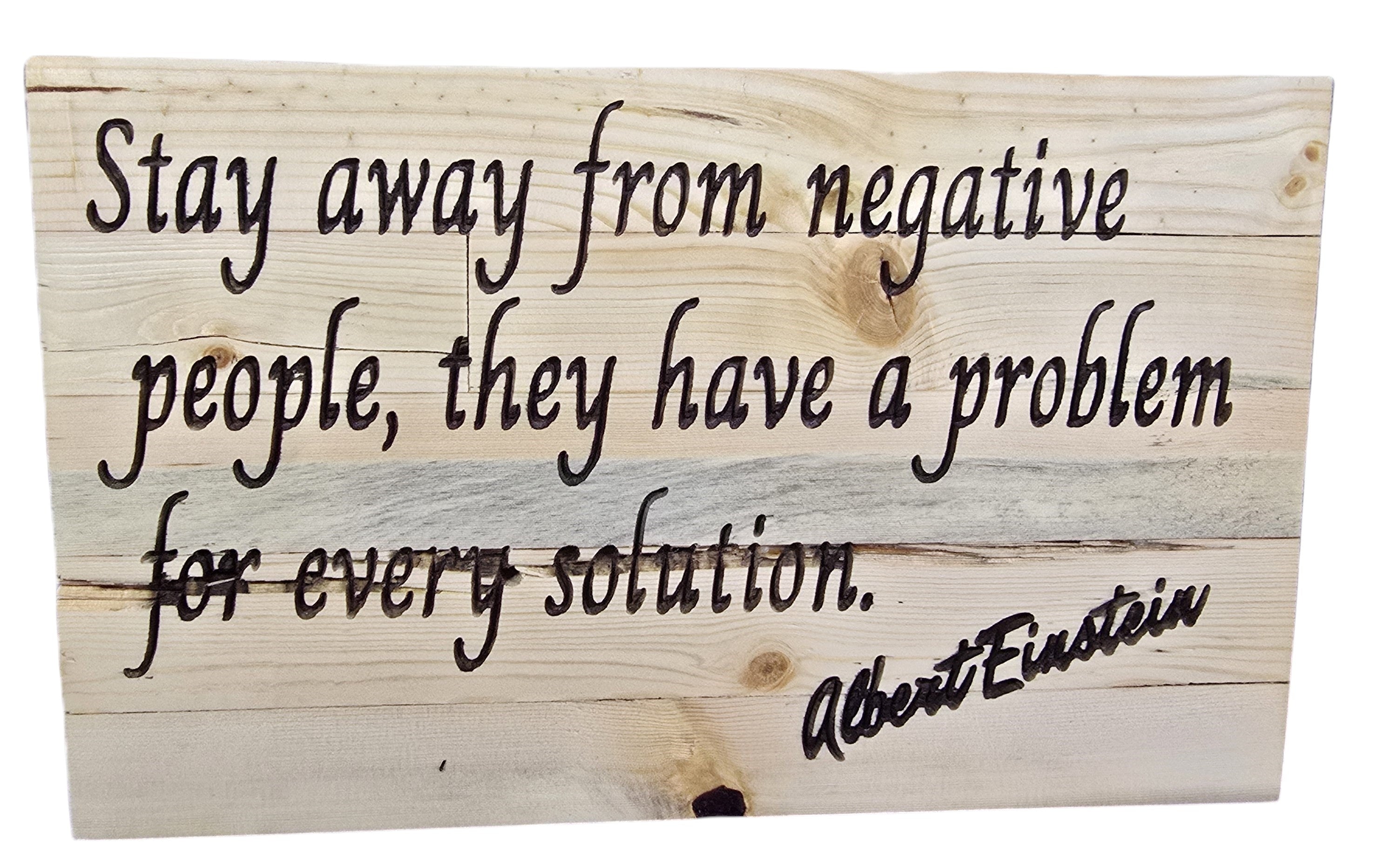 TK Wood Designs Albert Einstein quote wood wall art with black lettering on natural wood planks.