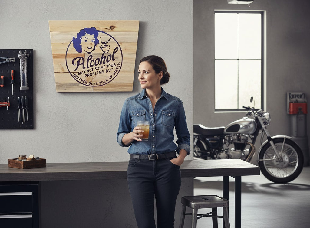 TK Wood Designs wooden sign with purple graphic of a woman and text: Alcohol may not solve your problems but neither does milk or water.
