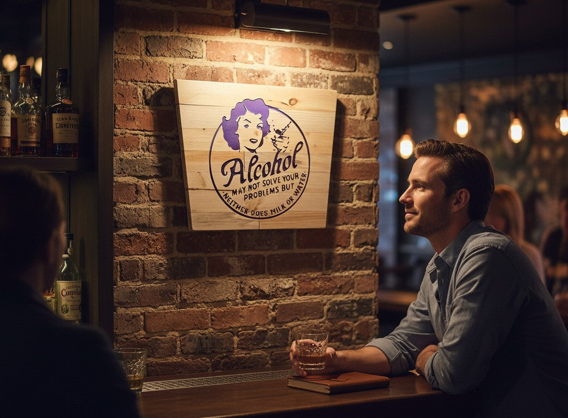 TK Wood Designs wooden sign with purple text and graphic: Alcohol may not solve your problems but neither does milk or water.