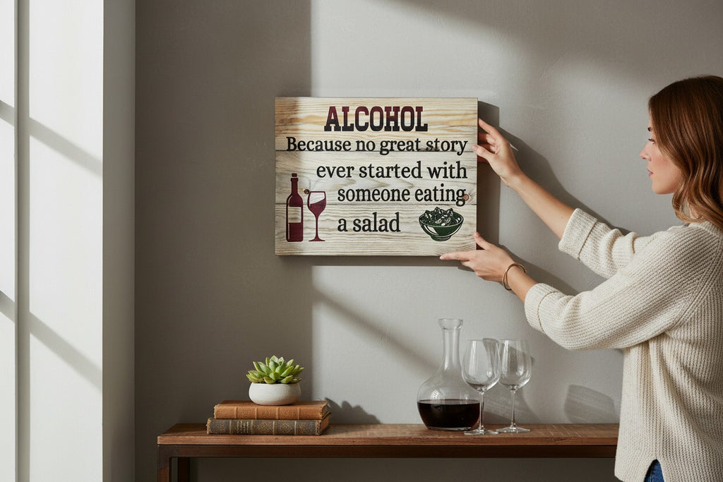 TK Wood Designs wooden sign with "Alcohol Because no great story ever started with someone eating a salad" text, wine bottle, wine glass, and salad bowl graphics.
