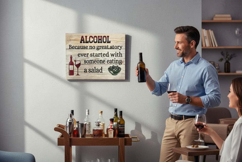 TK Wood Designs wooden sign with "ALCOHOL Because no great story ever started with someone eating a salad" and wine bottle, glass, and salad bowl graphics.